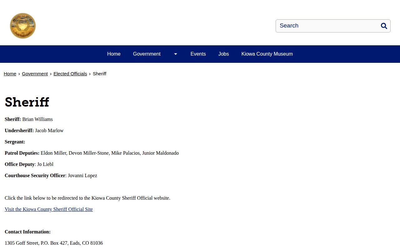 Kiowa County Sheriff official arrest record contact page