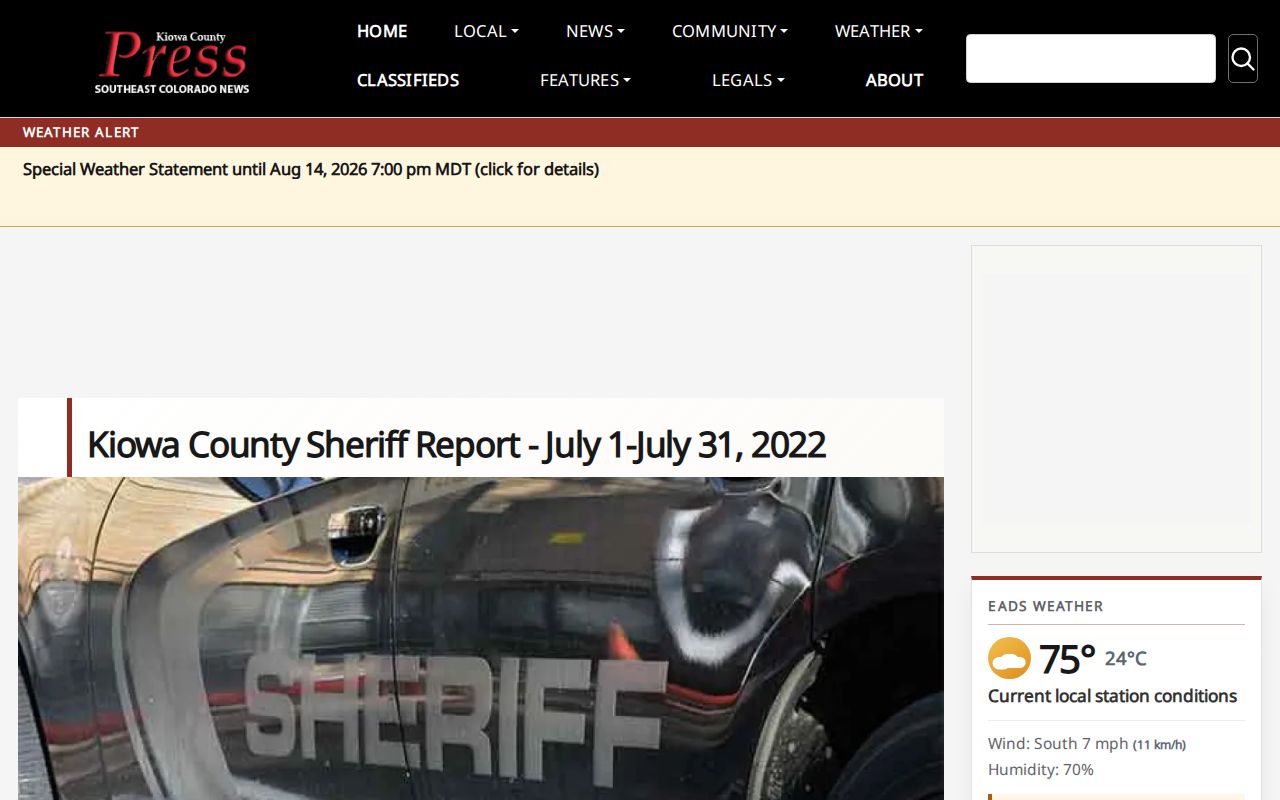 Kiowa County sheriff arrest report and crime news format