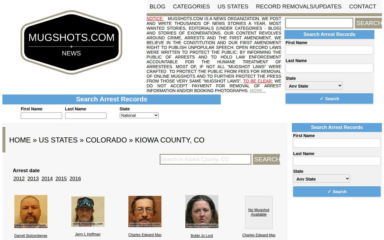 Unofficial archival Kiowa County mugshot record index