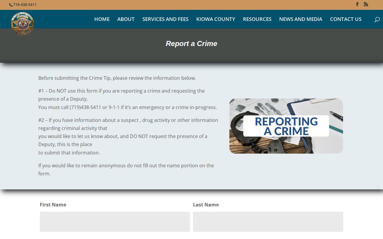 Kiowa County Sheriff's Office warrant and crime tip record form